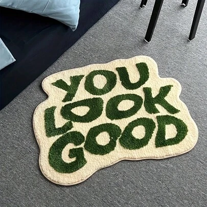 1pc "You Look Good" Asymmetrical Shaped Plush Rug, Machine Washable, Home Decor For Living Room, Bedroom, Bathroom, Kitchen