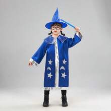 儿童魔术师COS斗篷巫师斗篷+尖顶帽套装，星形印花，透气万圣节派对服装，男女皆宜 - 彩色 - 查看 3