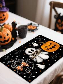 1 件/2 件/4 件/600 件 11.8 英寸 X 17.3 英寸万圣节鬼魂黑猫南瓜图案涤纶餐垫 - 黑色背景搭配“BOO！”鬼魂、蝙蝠、南瓜灯笼和黑猫，带蝴蝶结圆点装饰，适合万圣节派对、家庭餐桌 - 彩色 - 查看 7