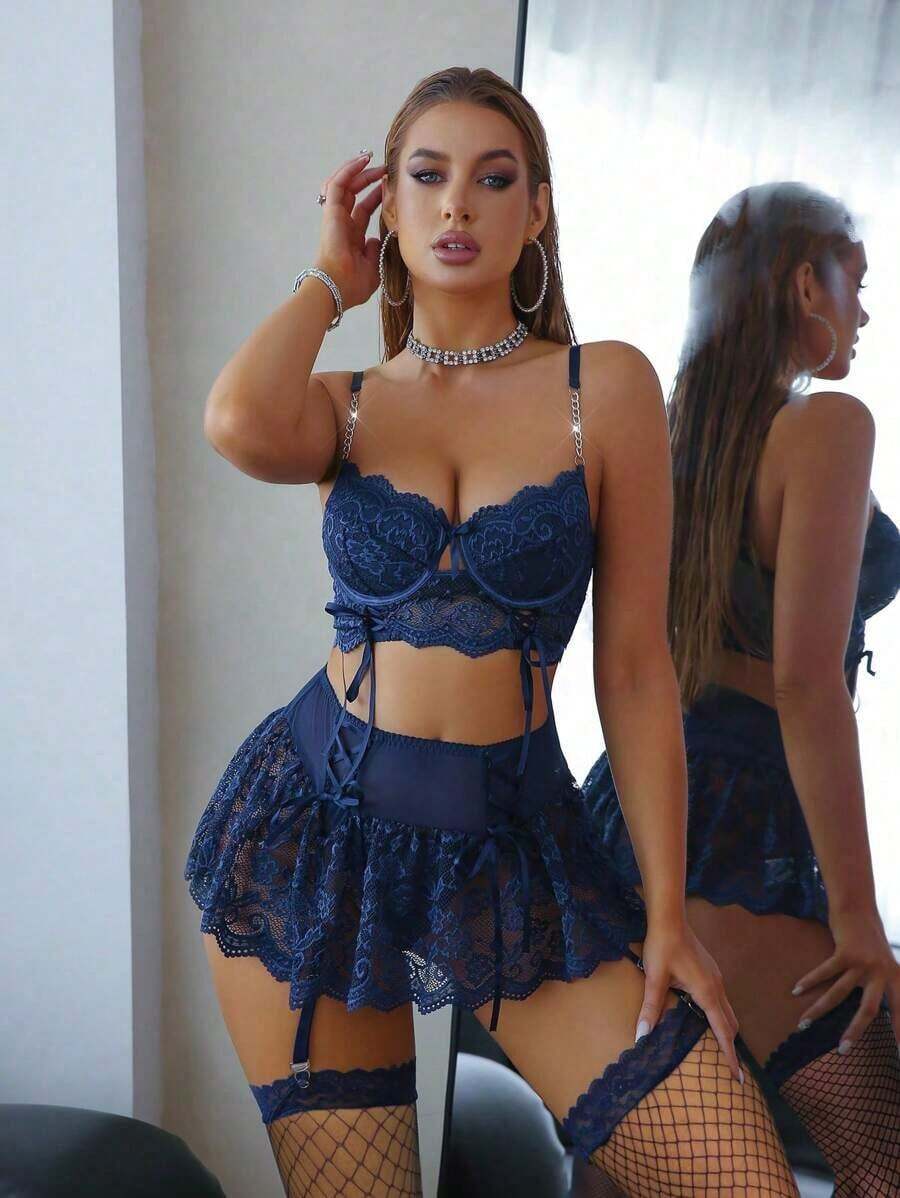 5pcs Set Lace Lingerie Set Women Going Out - Màu xanh hải quân - Xem 1