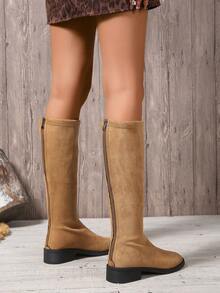 Damen Stiefel, warm & sexy, einfarbige Stiefel mit rundem Zehenbereich, klobigem Absatz, Reißverschluss hinten, modische Wadenhochstiefel, flacher Wildlederstoff, verlängerte Beine, Westernstil Stiefel für Herbst/Winter