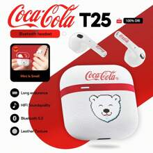 Coca Cola سماعات بلوتوث T25 لاسلكية حقيقية نصف داخل الأذن بقوام من الجلد للرياضة والموسيقى والألعاب