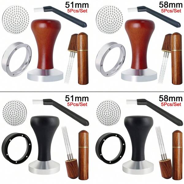 5Pcs Espresso Tamper 51/58mm, Coffee Tampers Tools With WDT Tool, Puck Screen, Dosing Funnel, Cleaning Brush