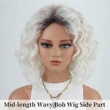 MMidlength Layered Ombre Platinum Blonde Wavy Bob Wigs For White Women 12inch Short Wave Curly Synthetic Wig Side Part Average Size Daily Party Wig8001 - Bạch kim - Xem 3