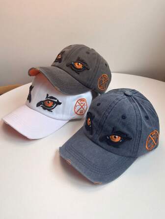 1pc Adjustable Baseball Cap, Polyester Fiber, Embroidered Devil's Eye Design, Soft Crown, Casual & Versatile, Suitable For All Seasons