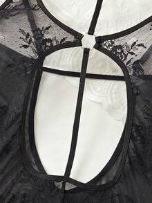 女士黑色、V 领、长款睡裙、透视露背、镂空、娃娃装、性感内衣、性感内衣裙 - 黑色 - 查看 9