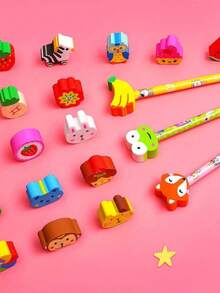 5/10/15 قلم رصاص كرتوني مع ممحاة جميلة، مجموعة لوازم مدرسية، تشمل أقلام رصاص كرتونية متنوعة وممحاءات جذابة، مثالية لطلاب العودة إلى المدرسة، مجموعة هدايا العودة إلى المدرسة، أساسيات العودة إلى المدرسة (أنماط شرائط أنبوب القلم وأعلى الممحاة مختلفة عشوائيًا)