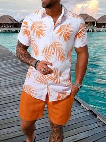 Men's Casual Set With Short Sleeve Shirt And Printed Shorts - 橘色 - 查看 1