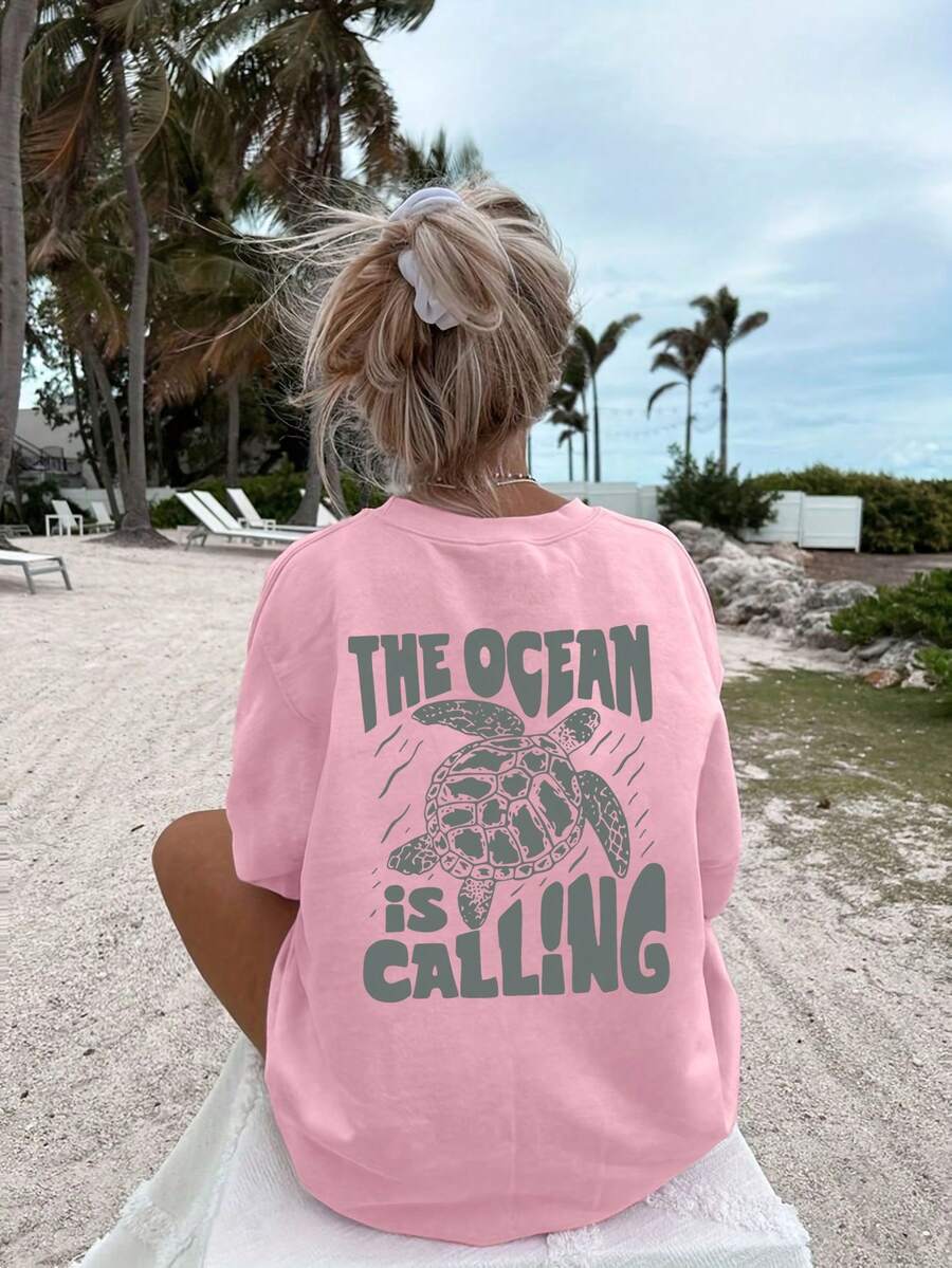 Women's Casual Summer Holiday Ocean Creature & Letter Print Plus Size T-Shirt - Pink - View 1