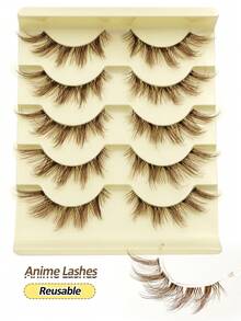 Rikuaild 5 Pairs Cartoon Style False Eyelashes, Brown, Anime Fox Eyes False Lashes, Natural Soft Brown Lashes, Transparent Band Reusable, Natural Look For Daily Makeup - Fox Eye Lashes - View 4