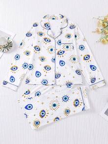 2 Potong Set Piyama Wanita, Motif Mata Tunggal, Pakaian Liburan Musim Gugur/Dingin, Set Piyama Atasan Lengan Pendek dan Celana Panjang - Berwarna merah muda - View 10