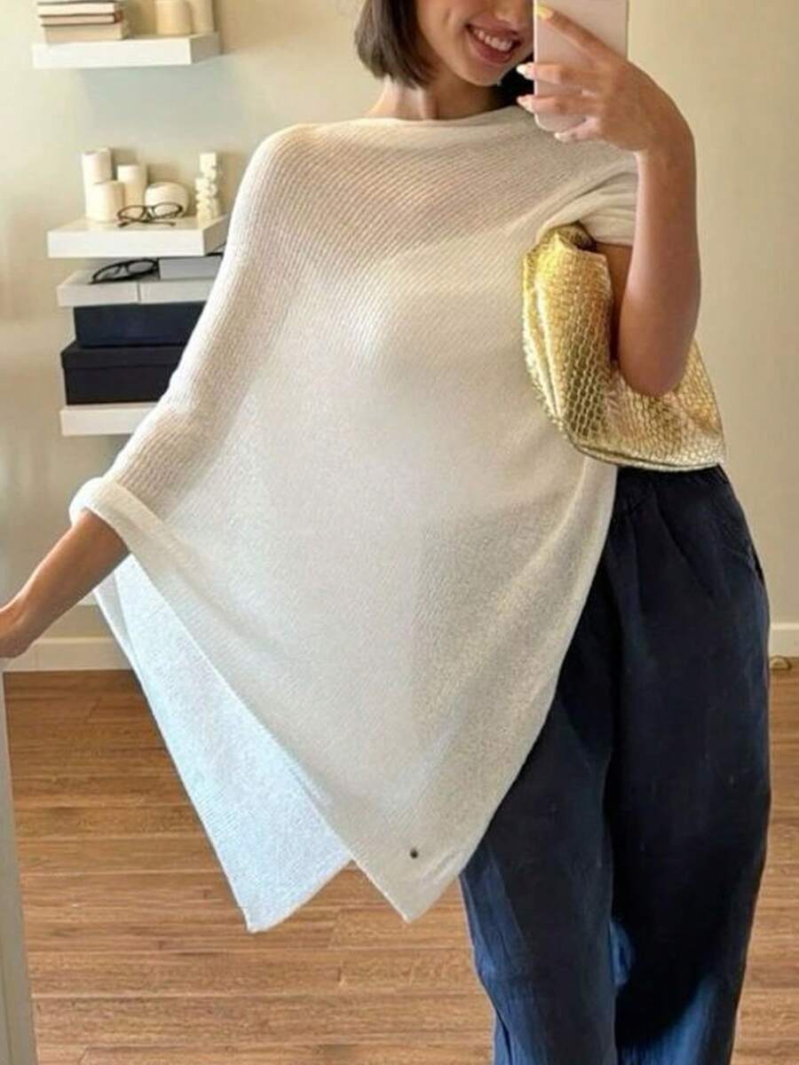 Women Sheer Knit Poncho Y2K Off Shoulder Asymmetric Shrug Sweater Pullover Top Lightweight See Through Cover Up Tops  Pullover Sweaters Tops - 白色 - 查看 1