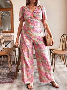 Jumpsuit mono palazzo tallas extras dama mujer manga corta estampado formal casual evento aniversario cumpleaños festejo fiesta dia noche elegante comodo trendy bautizo comodo pierna ancha - Multicolor - Ver 1