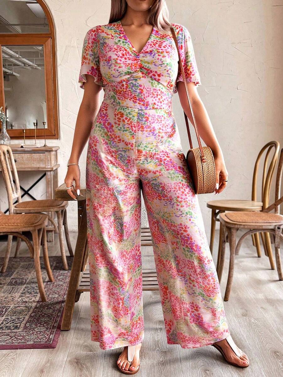 Jumpsuit mono palazzo tallas extras dama mujer manga corta estampado formal casual evento aniversario cumpleaños festejo fiesta dia noche elegante comodo trendy bautizo comodo pierna ancha - Multicolor - Ver 1