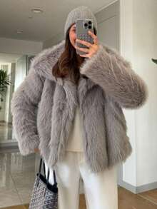 HH 女式仿皮草夹克优雅纯色翻领长袖外套休闲宽松女式冬季超大码淑女时尚街头风夹克