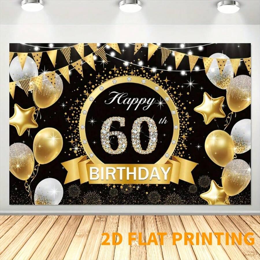 2D 60th Birthday Decorations Banner - Black And Gold Backdrop With Happy 60 Years Old Design - Perfect For Women, 60 And Fabulous Party Supplies, Photography Background, And Garden Decorations For Fall, Spring, Summer, And Winter Celebrations