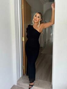 Summer Elegant One Shoulder Black Maxi Long Dress For Women Ruffle Embellished Dress Wedding Evening Cocktail Party Dress Sexy