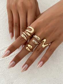 6 件复古简约奢华水钻戒指套装，金属金开口指环，女士时尚配饰，适合日常、聚会、度假、朋友礼物 - 金黃色 - 查看 5