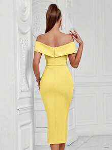 Elisanya Off Shoulder Ruched Wrap Hem High Slit Waisted Date Night Cocktail Party Bodycon Midi Dress - Yellow - View 2