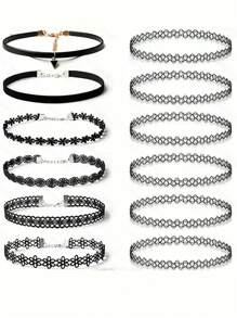 1set Fishbone Tattoo Style Choker Necklace, Black & White Versatile Clavicle Chain