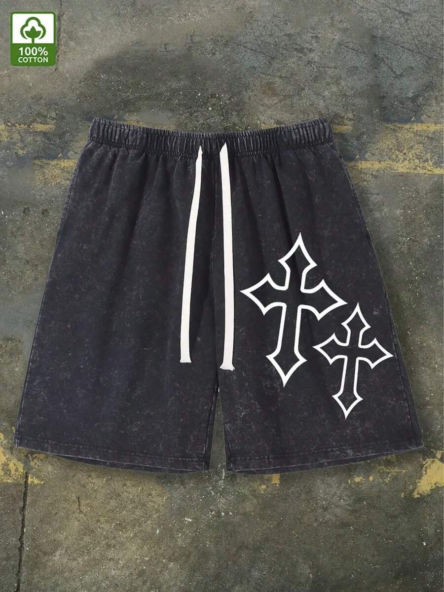 290g Washed Shorts, Artistic Cross Print Summer Men's Retro Washed Casual Street Sports Shorts, Comfortable And Breathable, Suitable For Daily Wear, Adjustable Drawstring Waist Circumference, Elastic Waistband And Pocket - Black - View 1