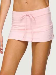 Women Drawstring Micro Skort Y2k Elastic Low Waist Bodycon Mini Skirt Mid Rise Short Sweat Skirts With Shorts - 粉色 - 查看 1