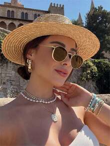 1pc Ladies' Metal Frame Round Frame Fashionable Retro Versatile Fashion Glasses Are Suitable For Daily Outings And Wearing As Beach Accessories Round Shape