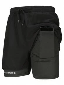 1 件男士休闲运动短裤带衬里，两件套，跑步、训练、健身、球类运动，透气短裤，内有隐形短裤，防擦伤