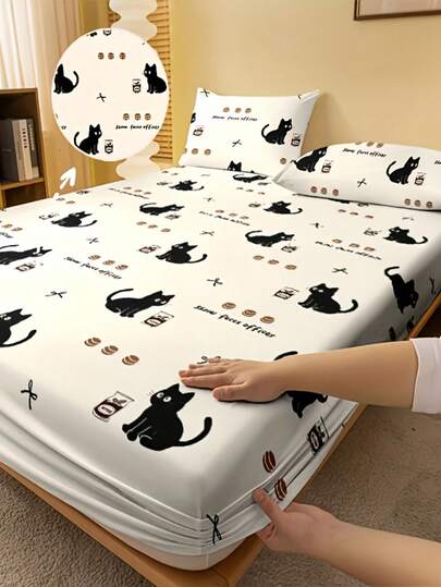 3件套可爱彩绘小猫印花床上用品套装（羽绒被套+枕套，无填充物），柔软舒适，可机洗，适用于卧室、宿舍、酒店、家居装饰
