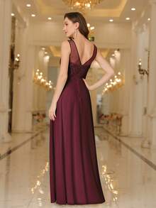 Babyonlinedress Guipure Lace Insert Pearls Beaded Chiffon A-Line Prom Bridesmaid Dresses,Formal Wedding Guest Gown, For Graduation, Homecoming,Dinner - 酒紅色 - 查看 2
