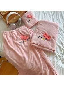 1/3件套Sanrio Kitty猫3件套浴巾套装 - 柔软珊瑚绒，包含干发帽和披肩巾，适合居家或宿舍使用。毛巾浴巾套装Hello Kitty浴室浴室浴室毛巾套装（浴巾、干发帽毛巾）