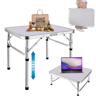 Lucn 2 FT Adjustable Folding Outdoor Camping Kitchen Work Top Table, Small Foldable Camping Picnic Table, Portable Fold Up Height Adjustable Trestle Table, Fold Away BBQ Table, Folding Garden Coffee Side Table With Firm, Thick Tabletop, Can Be Used As Bedroom Desk, Computer Desk, Bedside Table; Ideal For Outdoor, Picnic, BBQ, Beach, Party, Buffet, Wedding, Market, Home, Kitchen, Garden, Courtyard, Patio, Balcony, Yard, Court, Dooryard Etc. White, 60*45*56 Cm - 2 Heights 26 Cm / 56 Cm