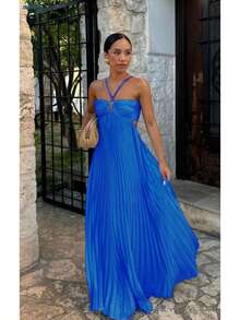 Women's Spaghetti Straps Maxi Dress Flowy Pleated Swing Beach Long Dress Low Backless Sundress - 寶藍色 - 查看 1