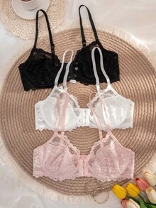 Set de 3 bucăți de lenjerie intimă confortabilă cu închidere frontală din dantelă pentru femei