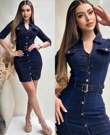 Women Denim Dresses - Dark Wash - View 6