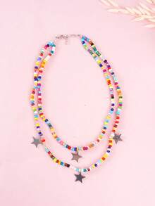 1 件不锈钢星星和月亮彩色串珠项链，波西米亚双层项链，适合女士日常佩戴 - 星星月亮 - 查看 5