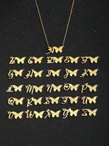 1件镀金喷砂蝴蝶字母吊坠不锈钢项链，适合女孩，时尚流行字母项链，儿童生日礼物，日常佩戴 - 金色 - 查看 5