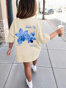 女童宽松T恤一件装 - 可机洗，芙蓉花印花T恤，适合儿童旅行度假、夏季穿着，女童服装