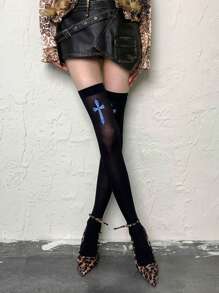 Y2K 风格十字印花拼色过膝袜，朋克破洞透明哥特洛丽塔过膝袜，适合日常搭配靴子穿着
