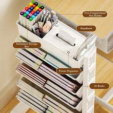 Lislark 1pc Mobile Bookshelf With Wheel, Book Trolley, Paper Organizer, Rolling Storage Cart, Large Capacity Book Rack Magazine Cart Movable Storage Bookcase With 5/6 Layers For Home, Classroom, School, Office, Dorm, White, Utility Racks - White - View 11
