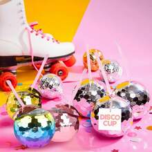 ZHURUININ - 12 tazas de bola de discoteca, 20 onzas, tazas de fiesta de discoteca con tapa y popote, reutilizable, para cóctel, fiesta, discoteca, bar, suministros de vino y jarabe (oro rosa) - rosa - Ver 11