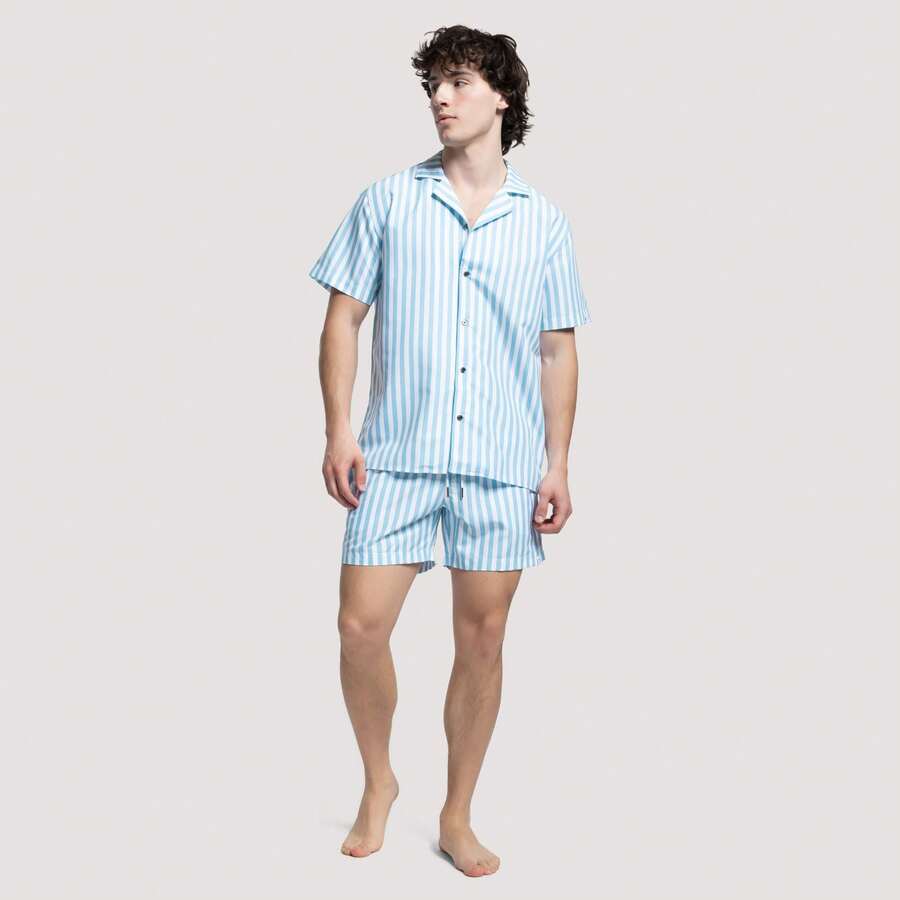 Short Sleeve Sky Stripe Cuban Shirt - Blue and White - View 1