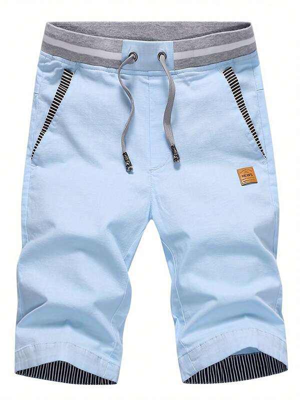 Men's Plus Size Beach Shorts - Light Blue & Gray Color Block Casual Boardwalk Shorts, Non-Stretch Fabric With Drawstring Waistband, Relaxed Fit For Swimming, Gym, Evening Outings - Machine Washable Summer Shorts For Big & Tall Men, Swim Shorts, Contrast Color Design, Swimming Trunks, Lightweight Material
