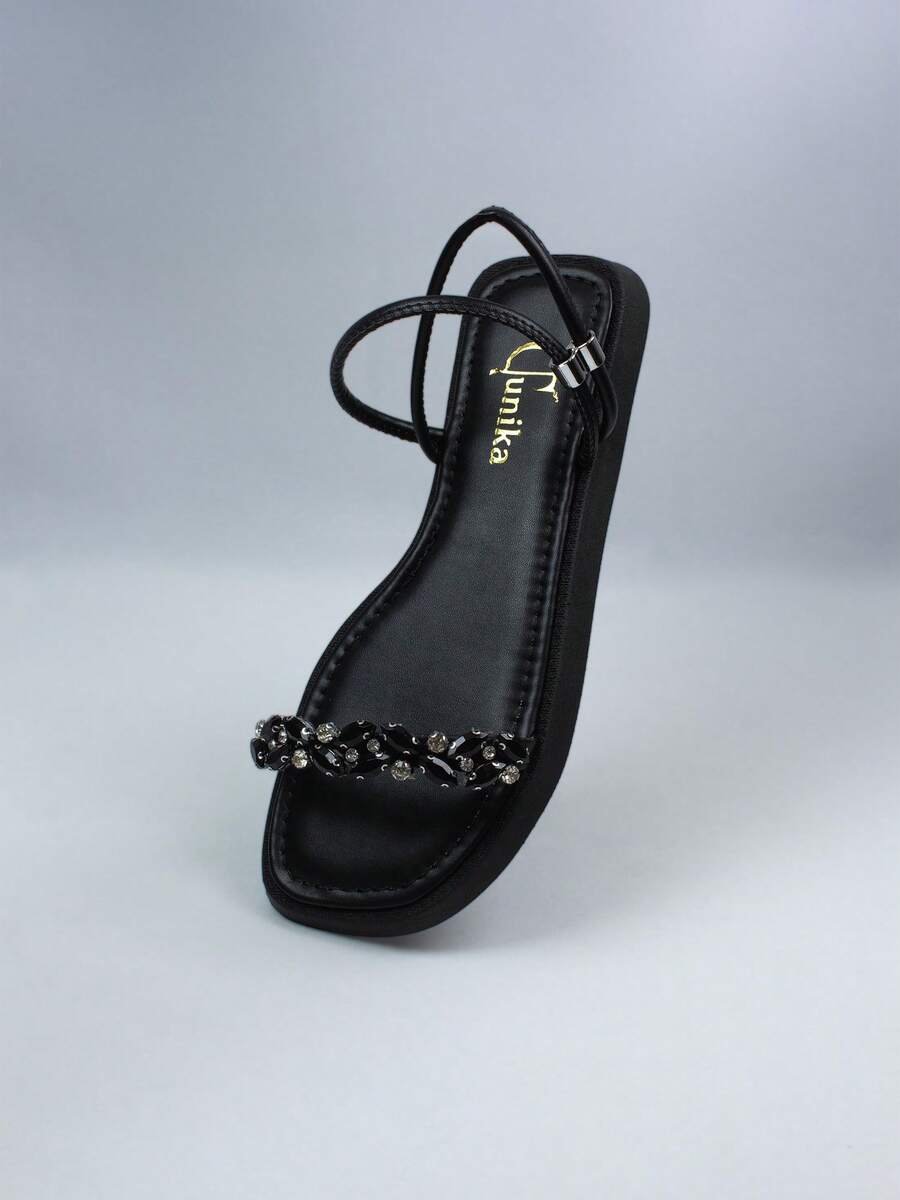 Women's Flat Sandal - Tunika 1108 || Elegant Neutral Party Holiday Elegant Basic Casual Cute Wedding Clothing Casual Party Outdoor Gorgeous  Street Cute Nightclub Style Workwear Style Fabric Gemstone Shiny Pearls Rhinestones Sequins Crystal String Women's Flat Sandal Outdoor Home Party Office Wedding School Holiday Vacation - 黑色 - 查看 1