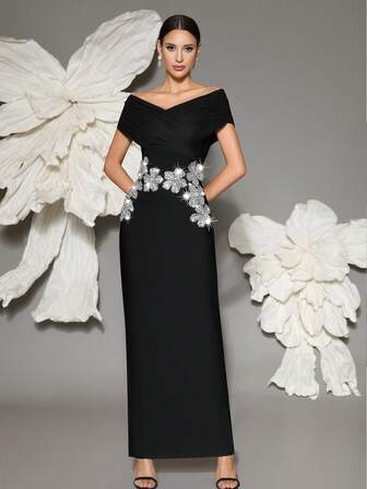 Handmade Beaded 3D Floral Bodycon Bandage Dress, Elegant Sexy Fitted Slit Dress For Evening Party, Holiday, Banquet