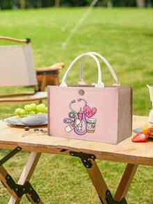 Nurse Theme Pink Handbag & Cosmetic Bag Set, Casual Style, Fabric Structure, Printed With Stethoscope, Heart, Syringe, Thermometer, Pill Patterns, Suitable For Back To School, Travel, Unisex, Perfect Gift, Daily Necessity - Pink - View 8