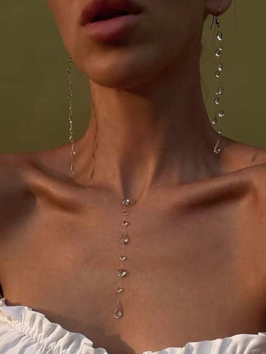 1PC Fashion Cool Sense Irregular Long Transparent Dewdrop Tassel Pendant Transparent Line Ladies Necklace For Daily Party Party Gift - Transparent - View 1
