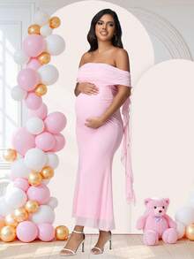 孕妇优雅露肩荷叶边连衣裙，适合婴儿派对和夏季穿着 - 淺粉色 - 查看 5