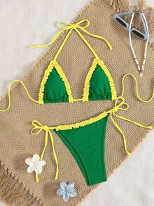 女士比基尼泳衣，可爱波西米亚风印花绿黄泳装，内置胸罩，适合度假、海滩、泳池等场合，秋冬季、情人节、圣诞节、新年派对以及2026年春夏沙滩装。 - 綠色 - 查看 4