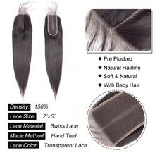 Extensiones de cabello humano liso con cierre de encaje 2x6, 24 x 24 pulgadas, 100 % cabello humano, densidad 180. - Natural Black - Ver 3